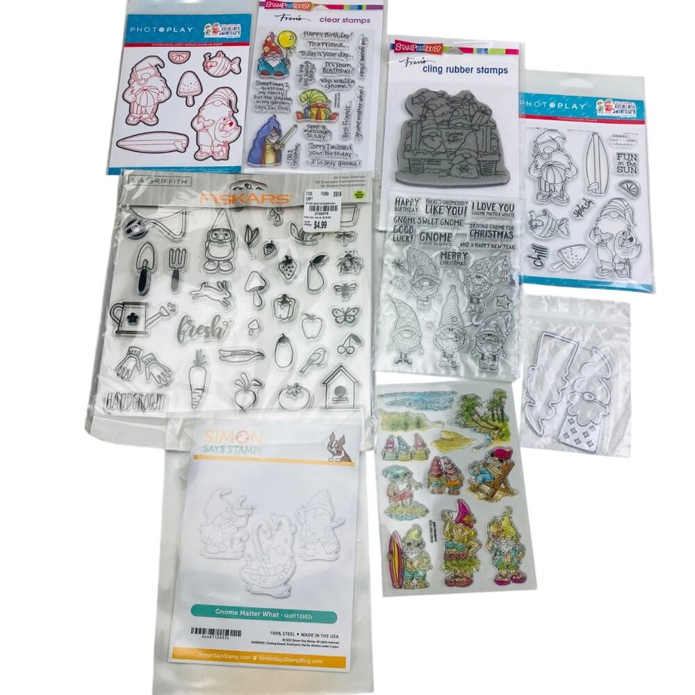 Assorted Gnomes Themed Cling Stamps & Metal Dies For Crafting 9 Packs